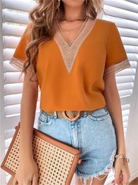 Womens Blouses Shirts Fashion Women Summer Solid Colour Blouse Hollow Out Design Lace Decor VNeck Short Sleeve Casual Loose Pullovers Tops 230519