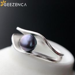 Rings GEEZENCA 925 Sterling Silver Natural Black Pearl Resizable Ring For Women Minimalist Geometric Trendy Chic Rings Fine Jewel Gift