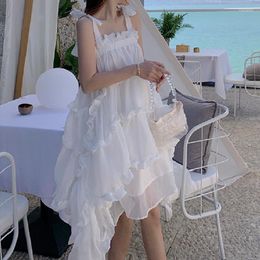 Casual Dresses Hstar Summer 2023 Runway Ruched Ruffle Korean Fairy Beach Party Vestidos Women Midi White Loose Slip Sundress