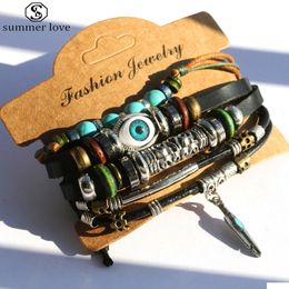 Chain Vintage Evil Lucky Eye Mtilayer Leather Bracelet For Women Men Adjustable Size Wood Alloy Beads Charm Fashion Jewellery Gift Dro Dhtu1