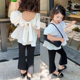 Clothing Sets Girls Set Sweet Square Neck Bubble Backless Top with Side Split Flare Pants Summer Fashion Childrens Wear 230519