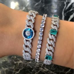Bangle 2022 New Arrived Lucky Turkish Evil Eye Charm Cuban Link Chain Bracelet Fashion Women Ice Cubic Zirconia Jewelry