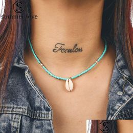 Pendant Necklaces Fashion Shell Choker Necklace For Women Green Nature Stone Beads Chain Trendy Jewellery Gift Drop Delivery Pendants Dhnuc