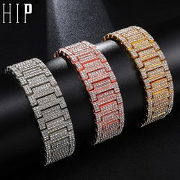 Bracelets Hip Hop Full Rhinestones Iced Out Bling Gold Color Watch Band Link Chain Bracelets Bangles for Men Rapper Jewelry