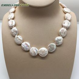 Necklaces 18mm Bead Unusual Baroque Choker Statement Necklace White Colour Round Coin Flat Shape Natural Freshwater Pearls Fold Face 58cm