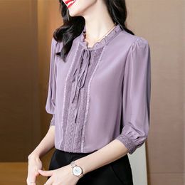 Women's Blouses Shirts Elegant Ruffled Neck Spliced Lace Up Bow Blouses Women's Clothing Casual Pullovers Loose Fashion Office Lady Shirt 230520