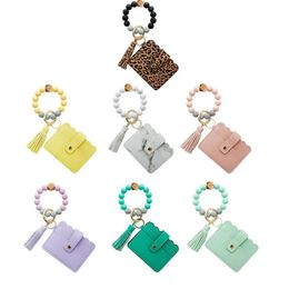 Keychain for Keys Tassel Card Bag Wood Beads Leather Bracelet Keyring for Women Accessories Multicolor Keychain