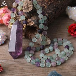 Necklaces Natural Amethysts Quartz Double Point Pendant 8mm Frost Matted Rainbow Fluorite Round Beads Knot Handmade Necklace Women Jewellery