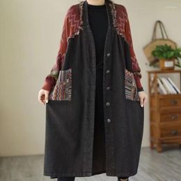 Women's Trench Coats Knitted Printed Splicing Denim Oversize Loose Windbreaker Autumn And Winter 2023 Vintage Literature Wash Fur Coat Women