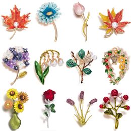 Rinhoo Plant Flower Enamel Brooch Retro Maple Leaf Daisy Tulip Bouquet Basket Bell Orchid Rose Flower Lapel Pins Wedding Jewellery