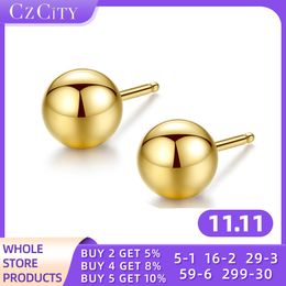 Earrings CZCITY Brand Earrings for Women Luxury Authentic Pure 18k Yellow Gold Round Bead Stud Earrings Classic Trendy Push Back Jewellery