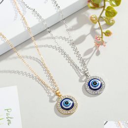 Pendant Necklaces Colorf Turkish Crystal Evil Blue Eyes Necklace Gold Sier Colour 14Mm Geometric Circar Coin Clavicle Lucky Protectio Dhlf6