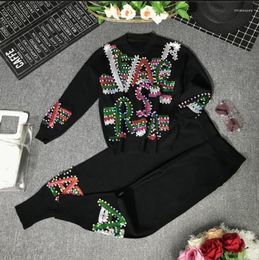 Women's Sweaters 2023 Fashion Autumn Winter Sequins Letters Long-sleeved Sweater Casual Trousers Two Piece Female Pants Suit