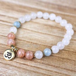 Bracelets WMB36724 Sunstone Aquamarine Jade Mala Bracelet Om Pendant Japa Mala Meditation Bead Healing Crystals Pearl Bracelet Mala Beads