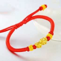 Bangles Genuine 24K Yellow Gold Lovely Small Pixiu Red Cord Bracelet Length from 5" to 15"