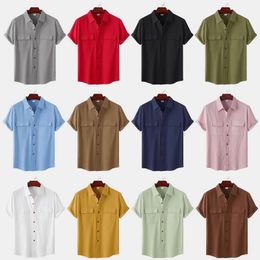 Men's Casual Shirts Men Linen Shirt Summer Brand Double Pocket Short Sleeve Casual Shirts Mens Breathable Solid Beach Chemise Homme Tee Tops 230519