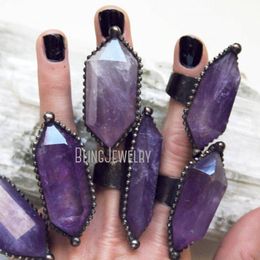 Rings RM40654 Large Amethyst Double Terminated Crystal Point Ring Purple Crystal Adjustable Ring for Women