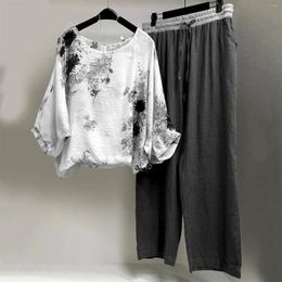 Women's Two Piece Pants Floral Print Set Casual Shirt High Waist Loose Pant Two-Piece Summer Long Sleeve Tops Pocket Trousers Matching Suits