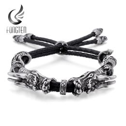 Bangle Fongten Stainless Steel Men Dragon Bracelet Interwoven with Black Genuine Leather Rope Strap Adjustable Bangle Fashion Jewelry
