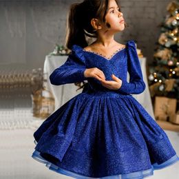 Blue Puffy Flower Girl Dress Pearls Beadings Neck Mini Kids Birthday Party Gown Glitter A Line Infant Baby Prom Gowns