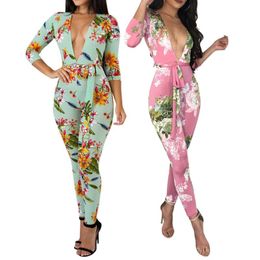 Women's Jumpsuits & Rompers Ladies Bodycon Jumpsuit Elegant For Women Floral Bodysuit Long Boho F0010 Deep V Neck With Waist BeltWomen's