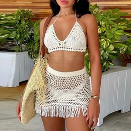 Two Piece Dress FUFUCAILLM Summer Beach Outfits Women Holiday Set Y2K Knitted Crochet Chest Wrap Tie Up Bra Top Tassel Skirt Sets 230519