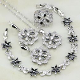 Sets Flower 925 Silver Jewelry Black Zircon White Cubic Zirconia Jewelry Sets For Women Earrings/Pendant/Necklace/Bracelet/Ring