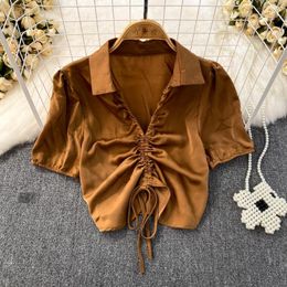 Women's Blouses Frenchic Summer Y2k Woman Blouse V-neck Polo Shirts Satin Short Sleeve Blusas For Women Female Shirt Sexy Ladies Tops