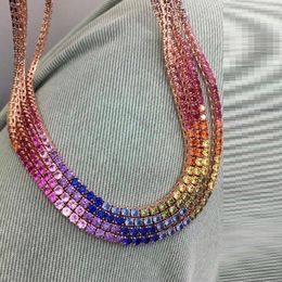 Necklaces 16" 18" 5mm Rose Gold Color Rainbow CZ Tennis Chain Choker Necklace Colorful Summer Women Fashion Jewelry High Quality