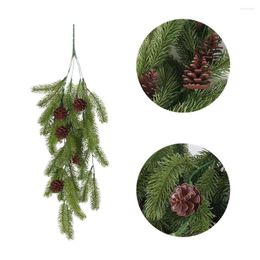 Christmas Decorations 80cm Hanging Branches Natural Pinecone Fine Green Vine Front Door Rattan Plastic Needle Tree Wreath For Home Decorati