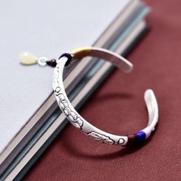 Bangle QN Silver Colour Bracelet Women's Handmade Fashion Retro Solid Open Ladies Original Lotus Heart Sutra Bracelet Jewellery