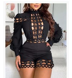 Women's Jumpsuits & Rompers Spring Autumn Women Sexy Casual Lace Patchwork Slim Romper Long Sleeve Hollow Out Stand Collar Playsuits Outfits