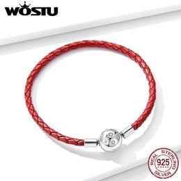 Bangle Wostu 925 Sterling Silver Lucky Bracelets Red Leather Rope S925 With Charms CZ PU Leather Chain For Women Jewellery Gift FNB042