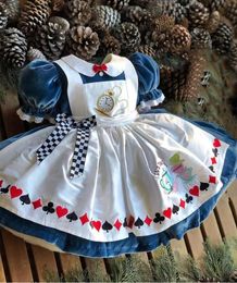 Girl's Dresses 0-12Y Baby Girl Autumn Winter Blue Velvet Alice Embroidery Vintage Princess Ball Gown Dress for Christmas Eid Birthday Causal 230520