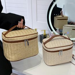 Storage Bags Linen Cloth Cosmetic Bag Zipper Large Capacity Makeup Organiser Creative Straw Woven Box Portable Travel
