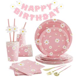 Disposable Dinnerware Daisy Themed Birthday Party Decor Pink Tableware Paper Plate Napkin Banner Hat 1Year Baby Shower Z0520