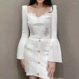 Work Dresses Casual Embroidery Lace Knit Skirts Set For Women Vintage Square Collar Flare Sleeve Tops With High Waist White Mini Skirt Suit