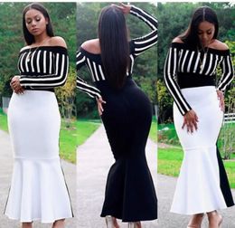 Casual Dresses Women Elegant Trumpet Dress Off Shoulder Sexy Slash Neck Long Sleeve Black White Patchwork Bandage Evening Party