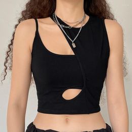 Women's Tanks Hollow Out Motorcycle Crop Top Tank For Girl Hip Hop Black Streetwear Slim Sleeveless Vest Sexy Strap Knit Camisole Aesthetic