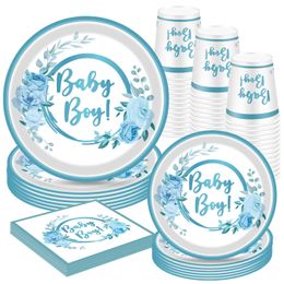 Disposable Dinnerware Baby Shower Party Supplies for Boy Serve 10 Including Plates Cups Napkins and Banner Babyshower Tableware Set Z0520