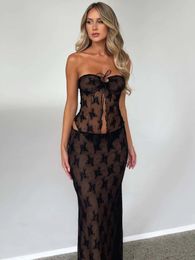 Two Piece Dress Mozision Lace Print Sexy Set Women Strapless Crop Top And Long Skirt Matching Sets Female Night Club Party 230519