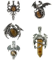 Vintage Alloy Dragon Charm Pendant Hexagonal Column and Beads Shaped Tiger Eye Gemstone Pendant for Jewellery Making