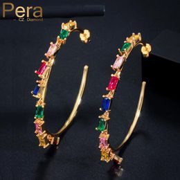 Huggie Pera Luxurious Yellow Gold Colour Dangling Super Circle Colourful Square CZ Hoop Earrings for Women Banquet Dress Jewellery E445