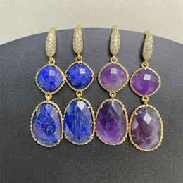 Dangle Earrings 2023 Natural Cutting Surface Irregular Lapis Lazuli Amethyst Electroplated Frame Ladies Elegant Style