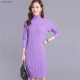 Casual Dresses Sweater Women's Turtleneck Pullover Mid-length Knitwear Korean Pure Colour Trending Sweater Dress Clothes Set Autumn and Winter L230520