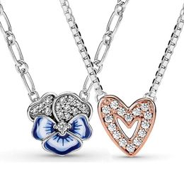 Necklaces 100% 925 Sterling Silver Sparkling Freehand Heart Blue Pansy Flower Pendant Necklace Fit Europe Bead Charm Diy Jewelry