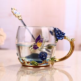 Tumblers Blue Rose Enamel Crystal Tea Cup Coffee Mug Butterfly Flower Water With Spoon Drinkware Glass Lover Wedding Gift 230520