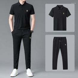 Men's Tracksuits Brand LOGO Men's Polo Shirt Summer Breathable Short Sleeve Two Piece Business Casual Clothing Top Traceless Suit Pants