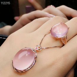 Sets MeiBaPJ Natural High Quality Pink Big Rose Quartz Gemstone Fine Jewelry Set 925 Pure Silver Necklace and Ring Suit for Women