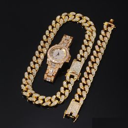 Other Jewellery Sets 3Pcs/Set Men Hip Hop Iced Out Bling Necklace Bracelets Watch Cuban Link Chains Necklaces Hiphop Drop Delivery Dh8Vi